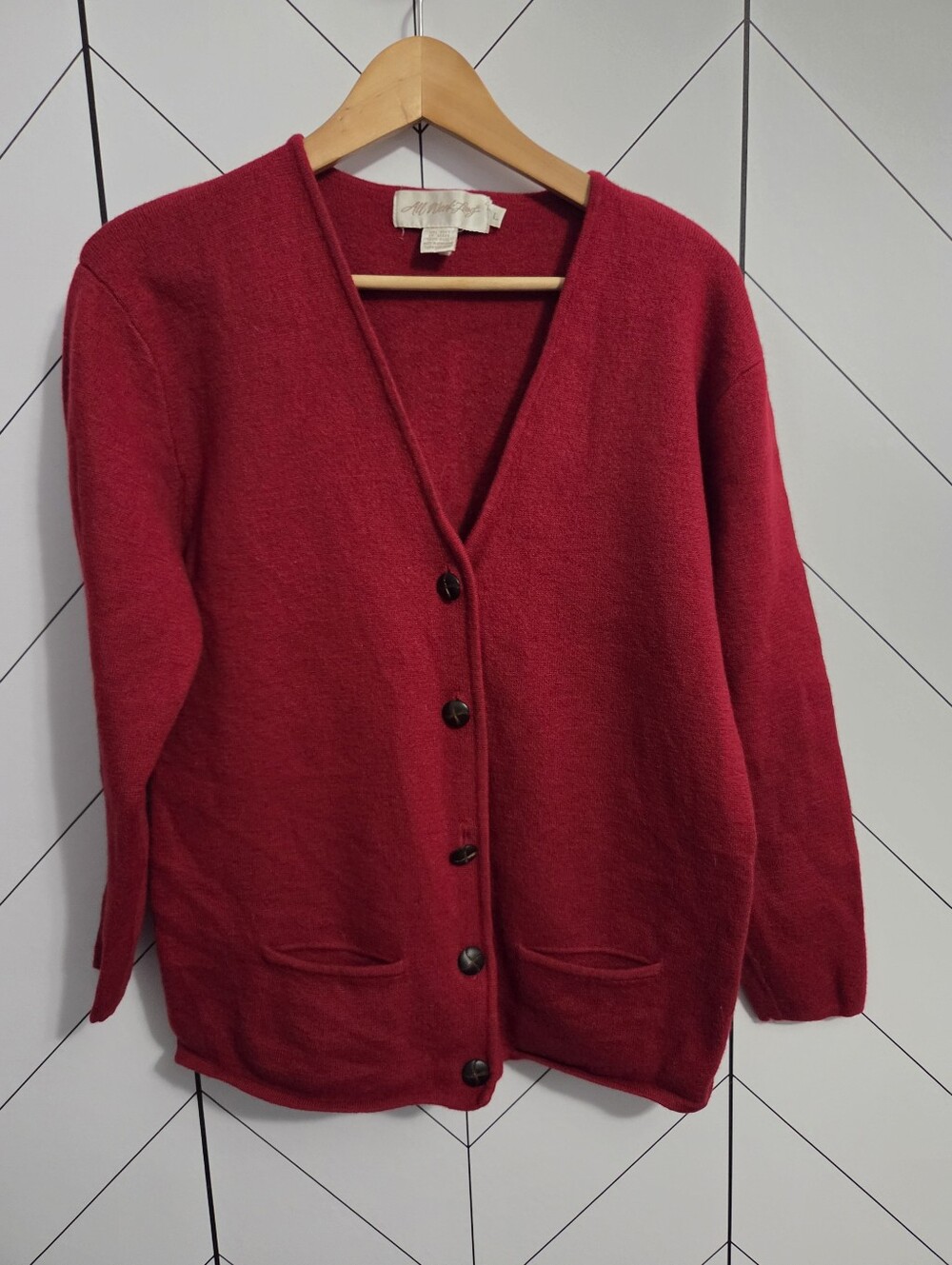 Vintage All Week Long Red 100% Wool Cardigan, Size Large